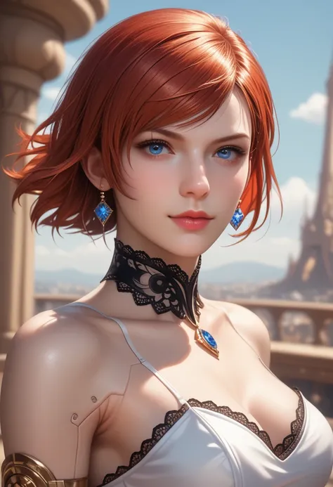 A striking young woman with a red bob hairstyle, wearing elegant lace dress adorned with intricate embroidery, standing alone in a dynamic and confident pose. Her expressive blue eyes are wide with intensity, her mischievous smirk exuding charisma and stre...