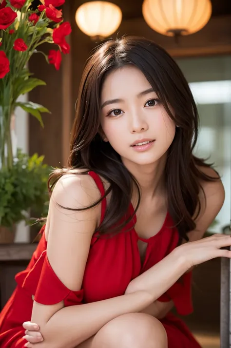 Beautiful Japanese woman、 Red Dress 、 sexy