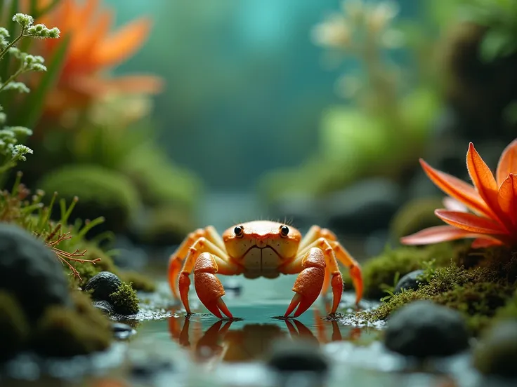 the smallest aquarium ever with the smallest crab, tilt shift, analog photo, faded, low contrast