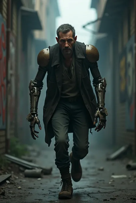  an Eastern European man with a walking arm and an arm where a hand is missing. He flees away through a dystopian dark alley 