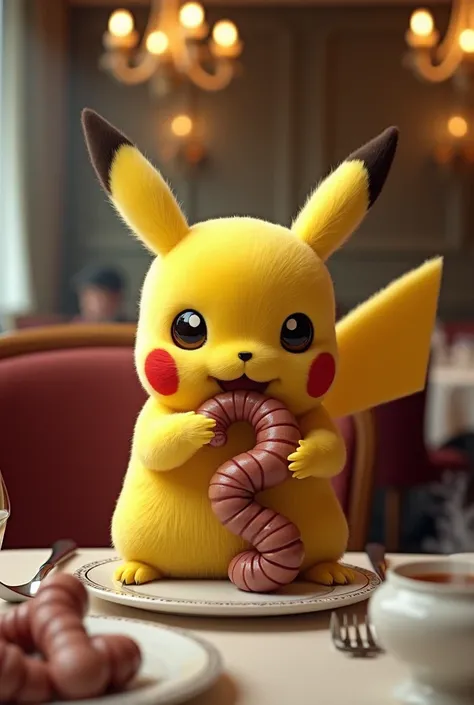 Foto hyper realistik pikachu eating cacing in the restaurant 