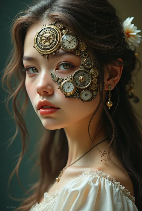 Face of a beautiful girl with long hair. Face half made of watch mechanisms. Esteric of 19 century but with futuristic elements