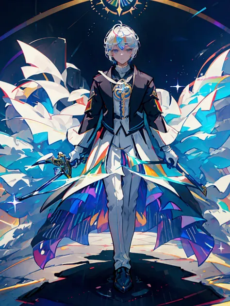 Alone、 **** young man accompanied by ,arms(With a long sword),brilliance -v1 、  wears white cloak  、 shorthair、Silvery white hair, Dark Eyes, auroras shine  、  sparkling light of the rainbow  、((  Holographic  )),milky way, (Stripes of light),  impressive ...