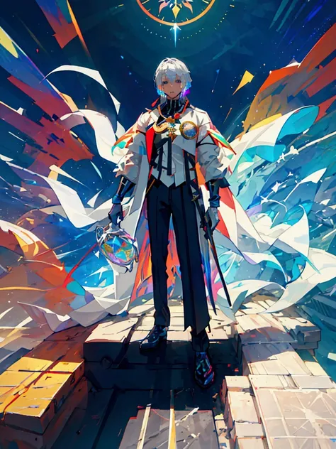 Alone、 **** young man accompanied by ,arms(With a long sword),brilliance -v1 、  wears white cloak  、 shorthair、Silvery white hair, Dark Eyes, auroras shine  、  sparkling light of the rainbow  、((  Holographic  )),milky way, (Stripes of light),  impressive ...