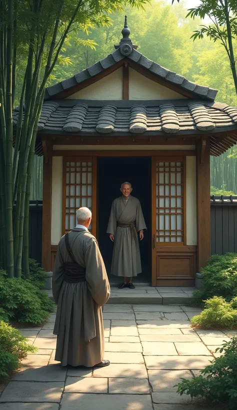 A small, humble Zen cottage surrounded by bamboo trees and a neatly raked Zen garden. The scholar approaches the entrance, bowing respectfully, but his posture and expression reveal his pride. The Zen master, an older man with a calm demeanor and simple ro...