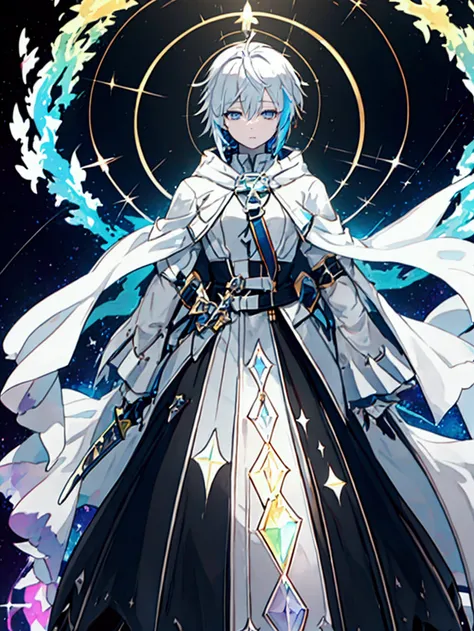 Alone、 **** young man accompanied by ,arms(With a long sword),brilliance -v1 、  wears white cloak  、 shorthair、Silvery white hair, Dark Eyes, auroras shine  、  sparkling light of the rainbow  、((  Holographic  )),milky way, (Stripes of light),  impressive ...