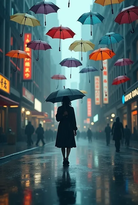 One image shows a solitary figure walking on a rainy street under colorful umbrellas.
