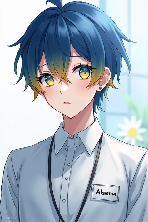 Anime boy with short blue with yellow hair, yellow with blue eyes, wearing silver earrings, wearing a white office uniform, Hang a name tag around your neck , masterpiece,very aesthetic,newest,nsfw