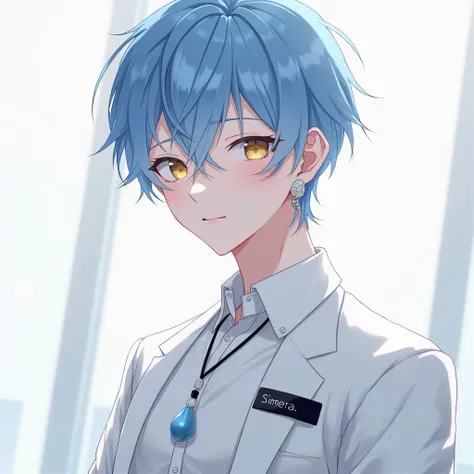 Anime boy with short blue with white hair, yellow with blue eyes, wearing silver earrings, wearing a white office uniform, Hang a black name tag around your neck , masterpiece,very aesthetic,newest,nsfw