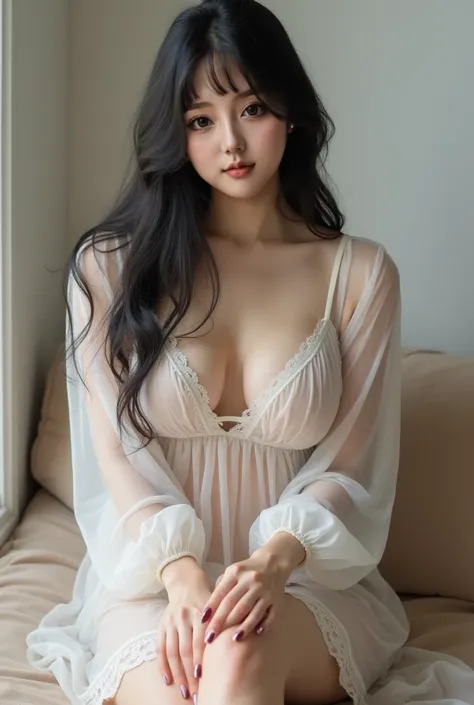 front look. Korean woman. plump body. beautiful girl, very white skin, long black hair tied up. beautiful Korean girl, sitting relaxed. Taking photos from below focuses on the vagina. Her pussy is hairy. wearing a transparent nightgown showing breasts. rou...