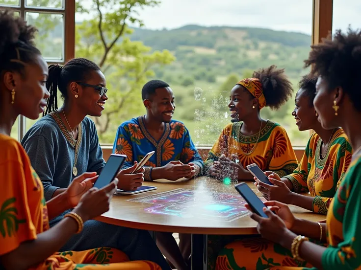 An energetic and colorful scene set in an African community gathering place, where diverse African youth from different countries are engaged in open conversations. The group features young men and women dressed in modern, stylish outfits, alongside tradit...