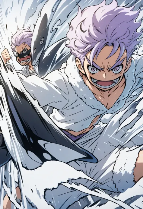 Anime illustration of a killer whale and a boy. Purple hair, slicked back hairstyle, short hair, white jumper with fur, pointed sunglasses, dynamic pose, masterpiece, highest quality, highly detailed CG Unity 8K wallpaper,
