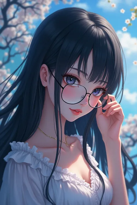 Fantastic world, a beautiful Japanese girl with long black hair shifts her glasses slightly。
 Stare at Me 。 cute、Beauty。