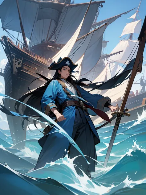  black hair、 Long Hair、Mojamoja hair、pirate、hat、Blue clothes、Big ship、The open sea、sword、Big man、 is cool