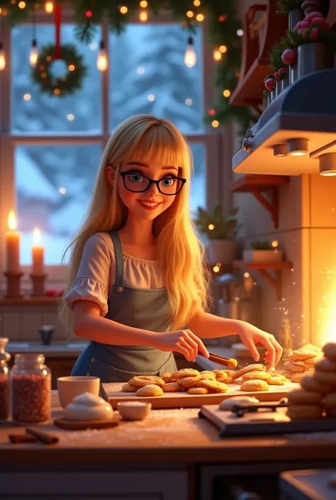 Imagine its Christmas in a cozy kitchen filled with warm light radiating from an open oven. At the center of the scene is a gorgeous  disney pixar princess baker. Long straight blonde hair with straight bangs across her forehead. Blue eyes. Large breasts, ...