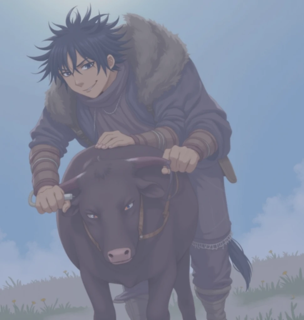 this man is leading a cow 