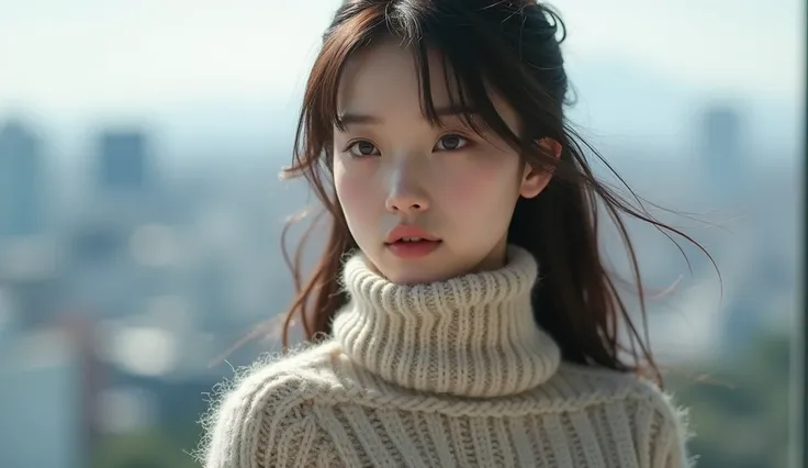 ( best quality,4K,8k, high definition ,  Masterpiece :1.2), ultra detail,( realistic ,photo realistic ,photo- realistic :1.37),big , turtleneck knitwear, HEALTHY SKIN,Uniform color tone,Natural light and color , one woman,Japanese,Kind eyes, The City of To...