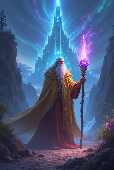 Appearance:

A tall, mystical man with a long beard.

Wears a golden cape with intricate cosmic star patterns.

His eyes radiate white light, symbolizing immense magical power.

Holds a magical staff with a glowing purple crystal at the tip.



2. Backgrou...