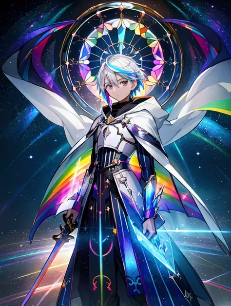 Alone、 **** young man accompanied by ,arms(With a long sword),brilliance -v1 、  wears white cloak  、 shorthair、Silvery white hair, Dark Eyes, auroras shine  、  sparkling light of the rainbow  、((  Holographic  )),milky way, (Stripes of light),  impressive ...