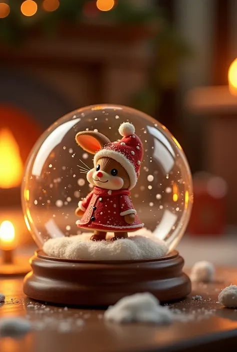 A brownie is in a snow globe in a room with warm light