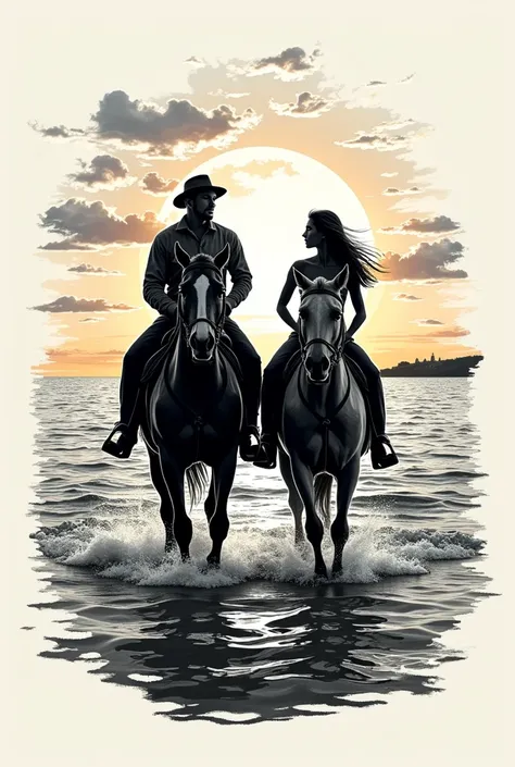 Farm Logo “Veroutas Family Farm” a men on horse and a women on horse in the sea and sunset black and white 