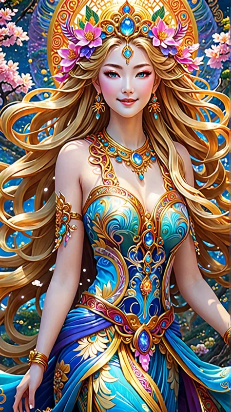 4K.4K. 3D. Smiling.Envision a radiant and ethereal goddess of love and happiness, set against a backdrop of stunning visuals and intricate Japanese anime style. This enchanting figure is depicted with flowing locks of shimmering golden hair, expressive sap...