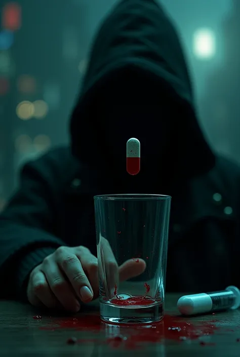 I need to design the cover of a book titled "CRIMINAL PILLS" it is a crime book, it must contain a pill 💊.a glass with a trace of blood too (give only image dont want title)