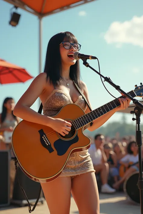 (photorealism:1.2), Beautiful woman,  features an Asian girl playing music While singing and playing guitar, on stage , [ bright daylight ],  dressed in a mini dress ,  miniskirt panties clearly visible from behind the miniskirt,  wearing glasses , [ strai...