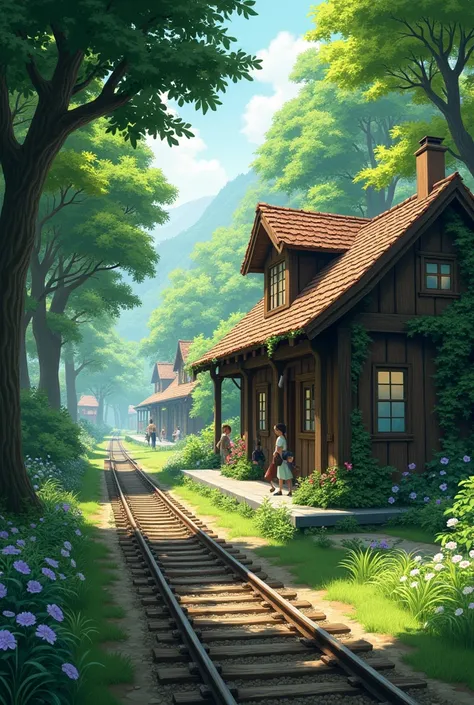 The station is quaint and surrounded by lush greenery.