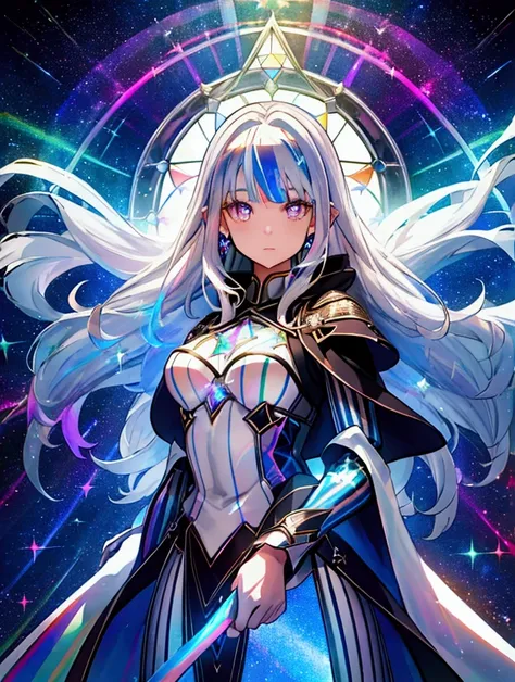 Alone、Mature woman ,arms(With a long sword),brilliance -v1 、  wears white cloak  、 Long Hair、Silvery white hair, Dark Eyes, auroras shine  、  sparkling light of the rainbow  、((  Holographic  )),milky way, (Stripes of light),  impressive visuals  , (  dyna...