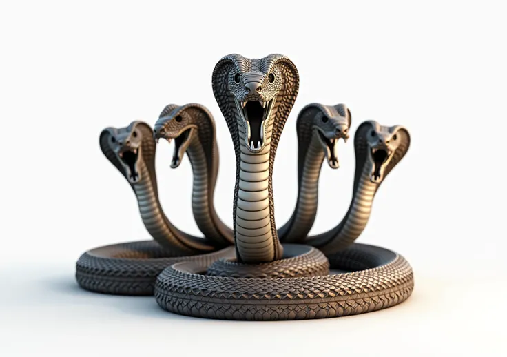 A five headed one body king cobra snake, sitting on the ground, white background, 3d animated image, hyper realistic image