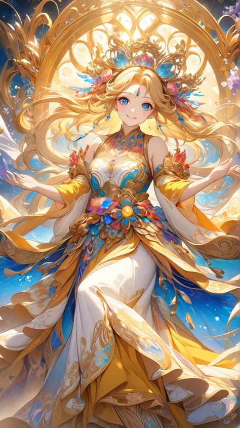 4K.4K. 3D. Smiling.Envision a radiant and ethereal goddess of love and happiness, set against a backdrop of stunning visuals and intricate Japanese anime style. This enchanting figure is depicted with flowing locks of shimmering golden hair, expressive sap...