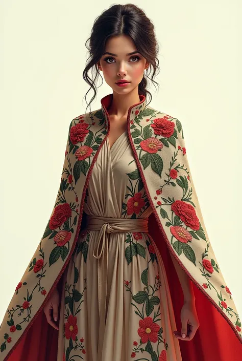 Picture of a woman wearing Cape on her back, and the designs of the Cape are the different kinds of stitches, design her Cape with different kinds of embroidery stitches: SATIN
DIVIDED
EYELET
FRENCH STEM
CROSS