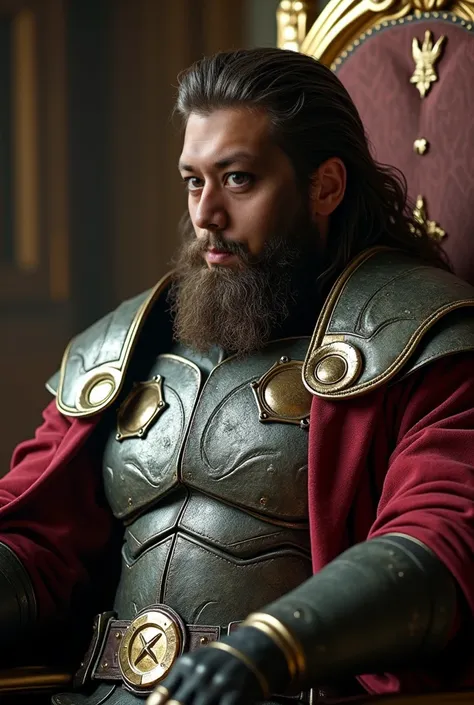 Badass magnificent and Regal demeanor, rough and rugged allure, soulful and alluring eyes, long wavy ash brown hair there is a man with a long beard wearing Dr Dooms armor, (8k, best quality, masterpiece:1.4), (realistic, photo-realistic:1.5), detailed ski...