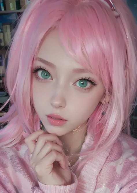 young woman, porcelain skin, long bubblegum pink hair, big pink lips, big emerald green eyes, pink eyebrows, red clothes, Sakura Haruno, 3d, realism, 8k