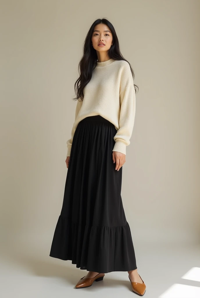 Create Girl in long black skims dress and white sweater combo FULL WIEW BODY