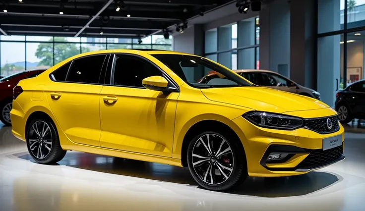 2025 proton saga stand in the showroom with its full   left view in the yellow color 