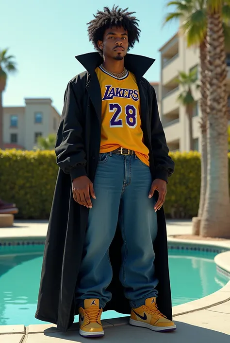 Crée-moi un vampire avec des dents pointues , des doigts avec de long ongles, un nez,des cheveux crépus, un jean bleu large , un maillot de  basket des Lakers , une une paire de Jordan, une peau métisse, il vit à Los Angeles, et qui possède un appartement ...