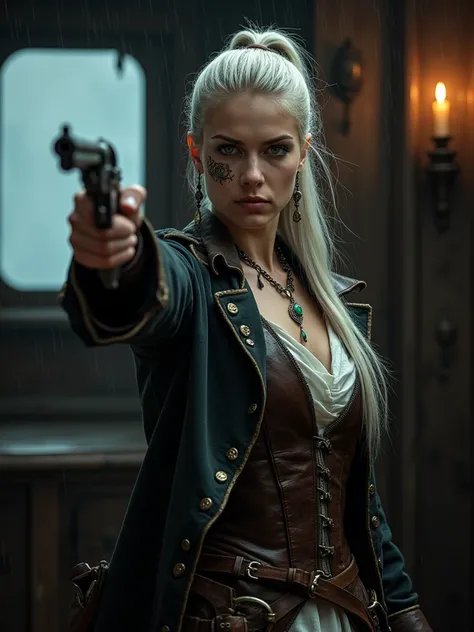 Character: A young woman, a hardened ship captain, stands in the dimly lit cabin of her ship, flintlock pistol raised and aimed directly at the viewer.
Appearance:
Hair: Long, straight, silvery-white hair pulled back into a high ponytail, with a few loose ...