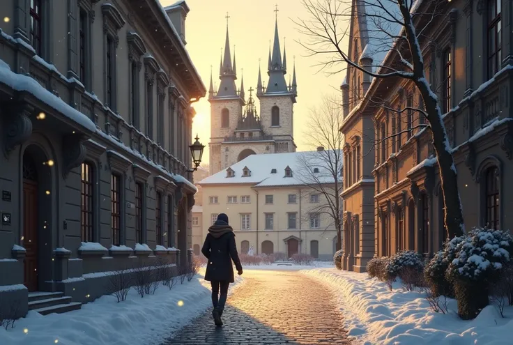  walk through Pragues old town at dusk，Snowflakes fall on scarves 。