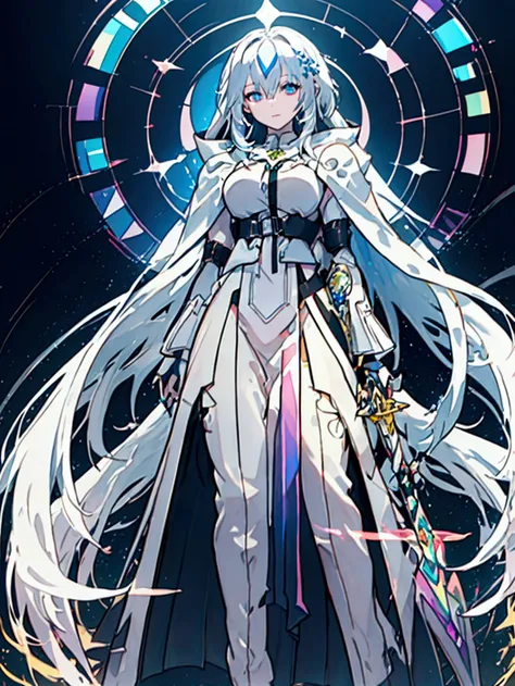 Alone、Mature woman ,arms(With a long sword),brilliance -v1 、  wears white cloak  、 Long Hair、Silvery white hair, Dark Eyes, auroras shine  、  sparkling light of the rainbow  、((  Holographic  )),milky way, (Stripes of light),  impressive visuals  , (  dyna...