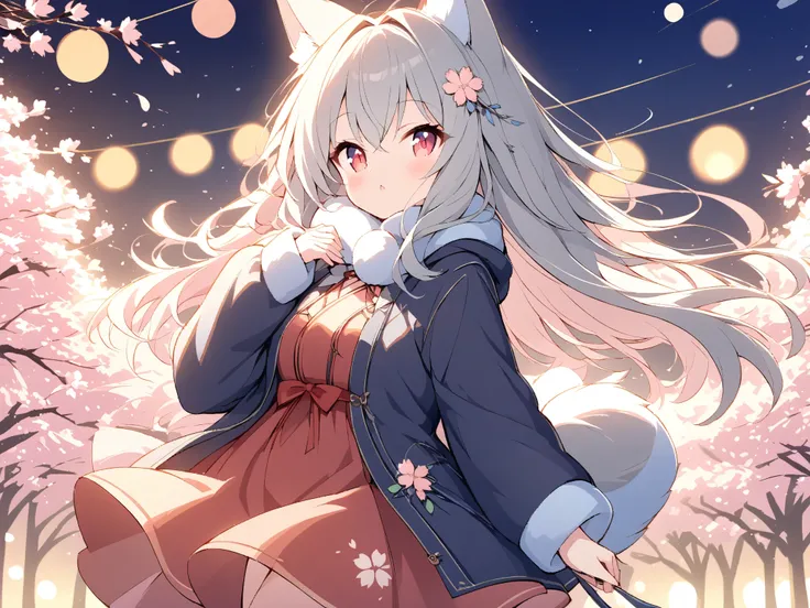  Rakifox,light line illustration,fantasy world,白い髪、Cherry blossom trees at night_ a background with rows of red bomboli 、 beautiful background、A chilly spring night 、 a girl walks 、 hair flutter in the wind、 focus on the girl and blur the background、Light ...