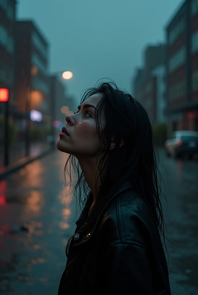 A 20-year-old woman with a heartbroken expression, standing alone in the rain at night without an umbrella, gazing up at the dark, cloudy sky. Their face reflects deep sorrow and vulnerability, with rain blending with their tears. The setting features an u...