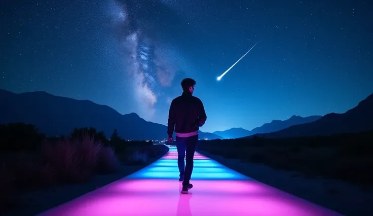 The best cell phone wallpaper, Award-Winning Wallpaper, portrait photography,The camera captures the night sky with sparkling stars and a streaking comet, as the handsome young, mid jawline figure walks along a glowing path mirroring the Milky Way, transit...