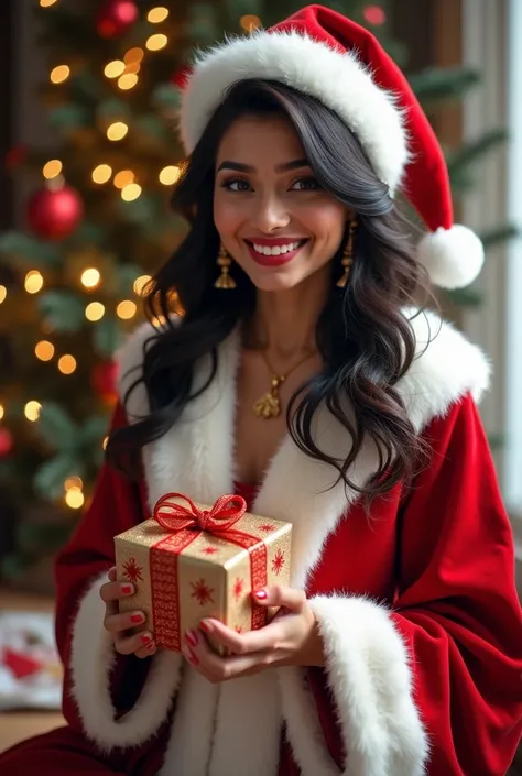 beautiful indian woman dressed as santa claus holding christmas gift box and christmas card