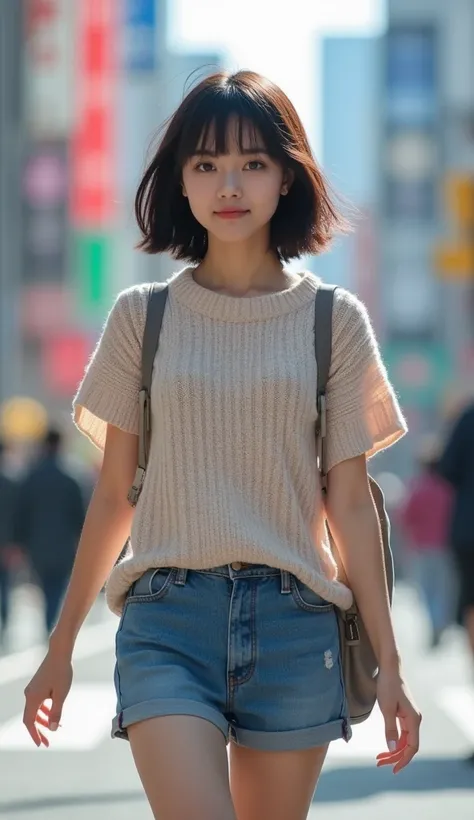 Beautiful 18-year-old Japanese girl 　(((It runs towards the camera and comes close:1.8)))  short sleeve knit perfect for a smile　Cute mini skirt　 high definition , accurate,  Anatomically Correct, masterpiece,  best quality,  very detailed,  Ultra High Def...