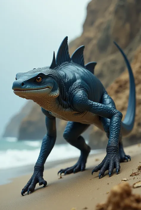 "Design a striking hybrid creature that merges the sleek, menacing features of a shark with the agile, scaly traits of a lizard. The creature has the streamlined, muscular body of a shark, covered in smooth, dark blue-gray skin that glistens like wet scale...