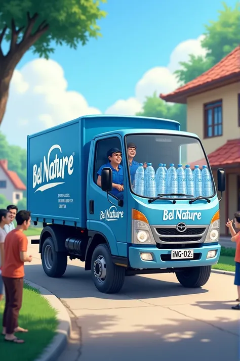  Mineral water delivery truck in 20-liter bottles .  For the truck it says Bel Nature , natural mineral water .  Delivering to families and families very happy to receive your order.  Let it be with a background of houses and families receiving the order ....