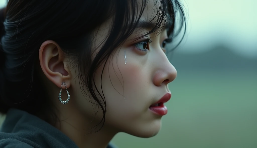 Create a close-up of the young woman’s face as she looks toward the horizon, a tear rolling down her cheek, her expression a mix of sadness and resolve.