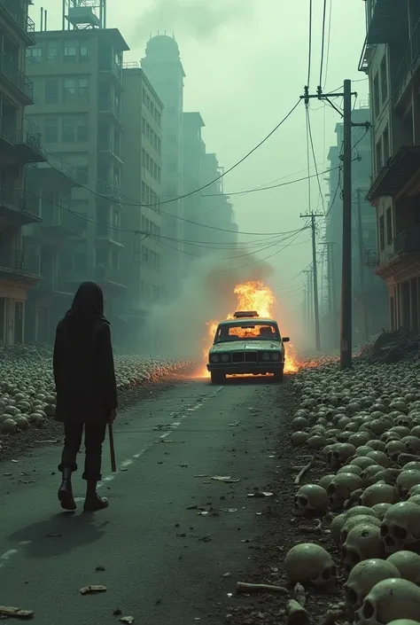 expanse of bones and skulls in the distance, a car in flames and toxic people on the street